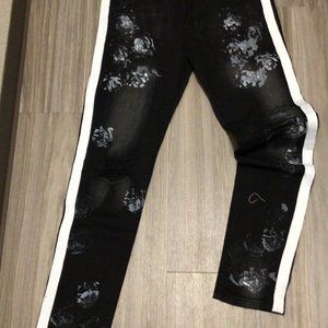 Denim side stripe paint splatter black skinny fit
